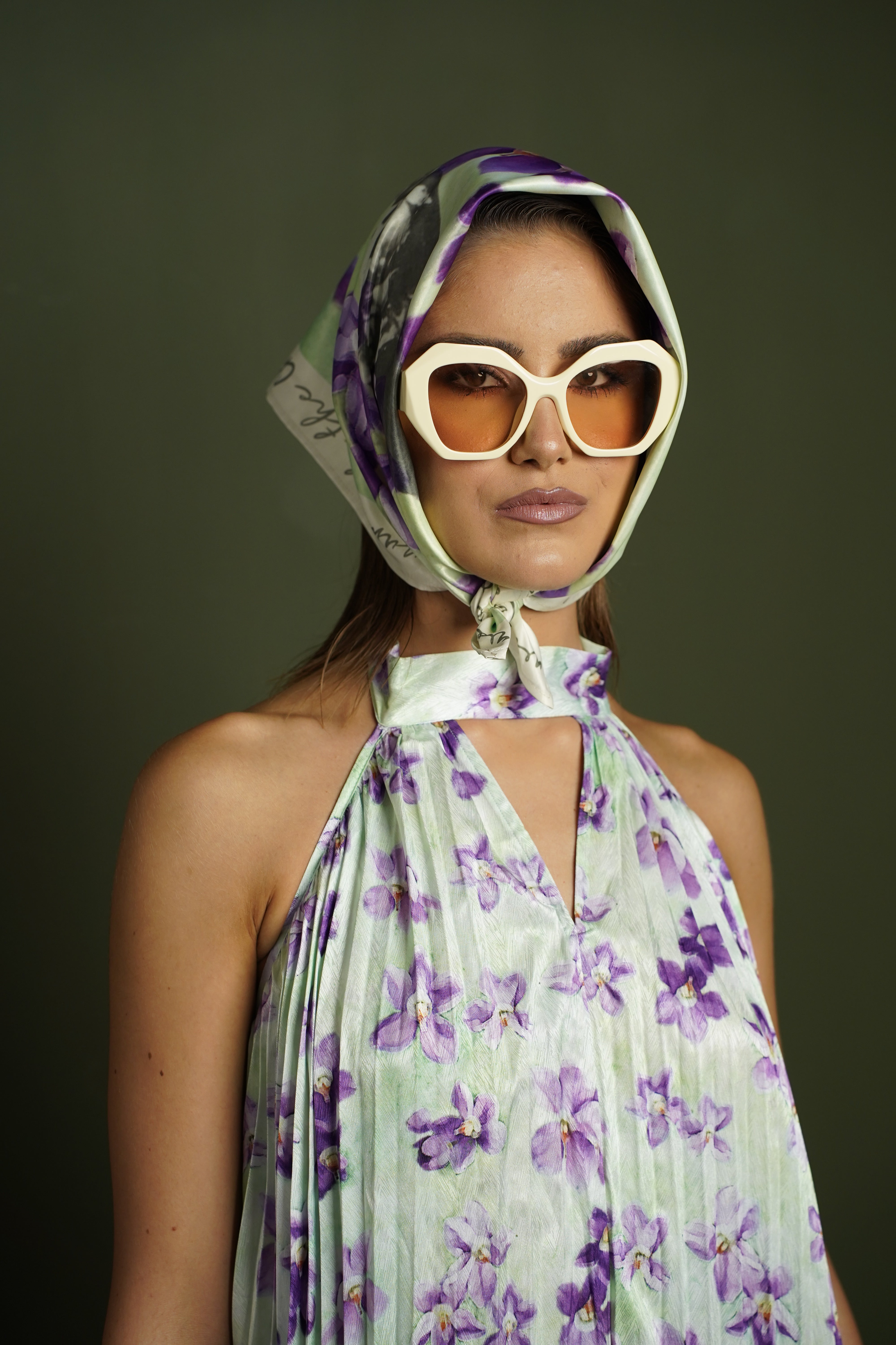 Ramonda silk scarf worn by a model, House of Mati